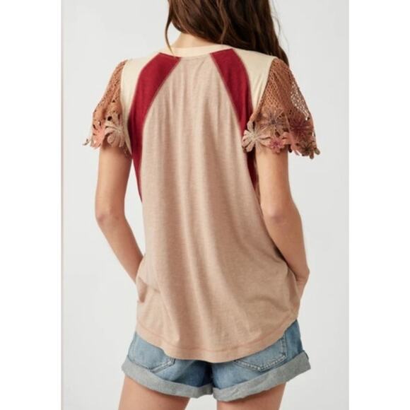 Free People As If Crochet Floral Short Sleeve Embroidered Lightweight Blouse L - Picture 2 of 12